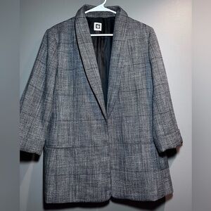 Anne Klein Plaid 3/4 Sleeve Blazer Jacket Gray Black Check